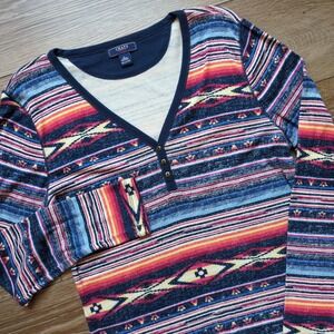 Chaps Denim (Ralph Lauren) Southwestern Aztec Henley Long Sleeve Top Shirt - L